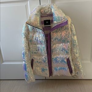 Hanson Iridescent Sequin Puffer Jacket in Pearl with Purple Trim